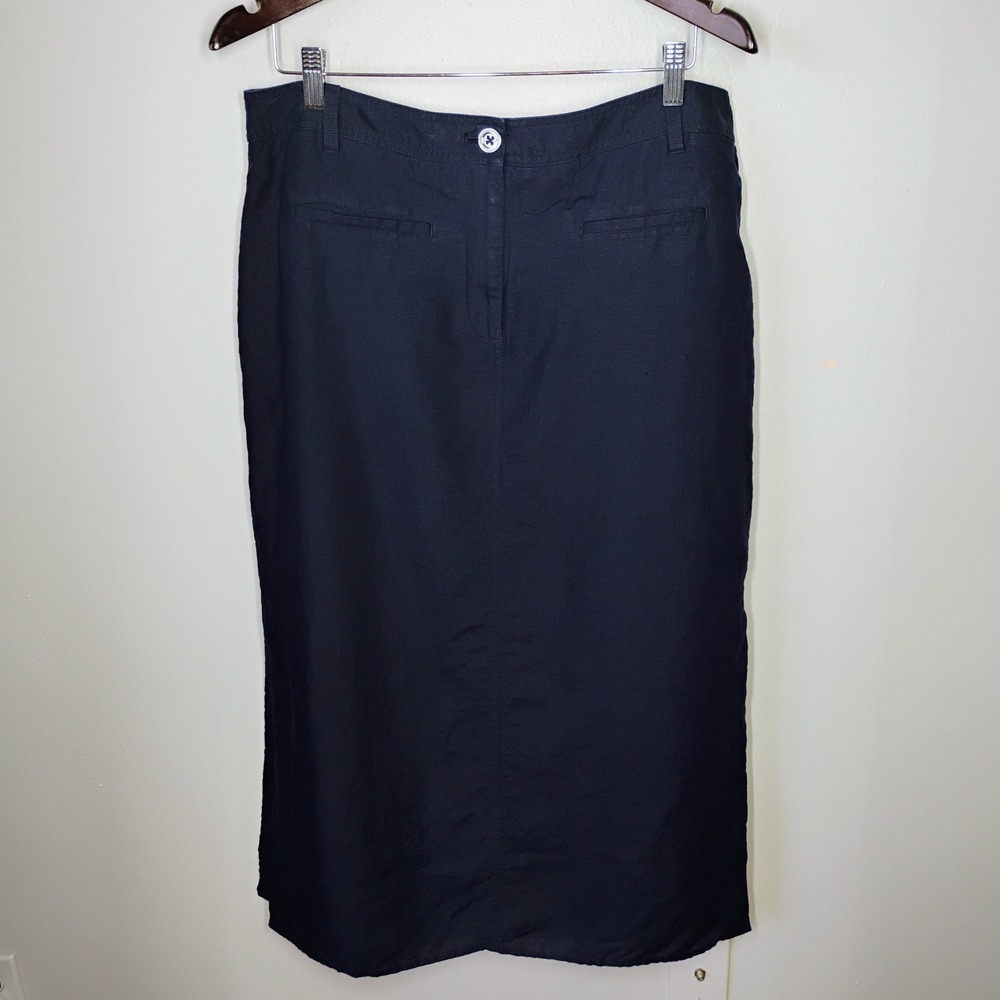 Talbots Skirt Womens 14 Navy Blue Linen A Line Midi Lined Casual Spring Summer